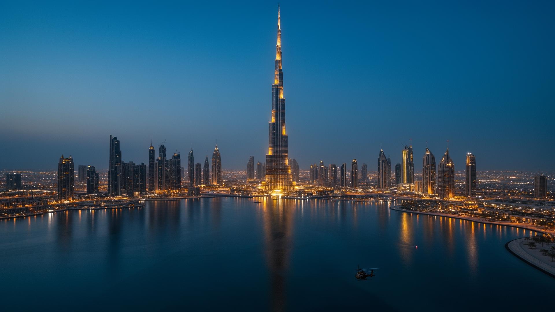 Dubai skyline at blue hour with Burj Khalifa