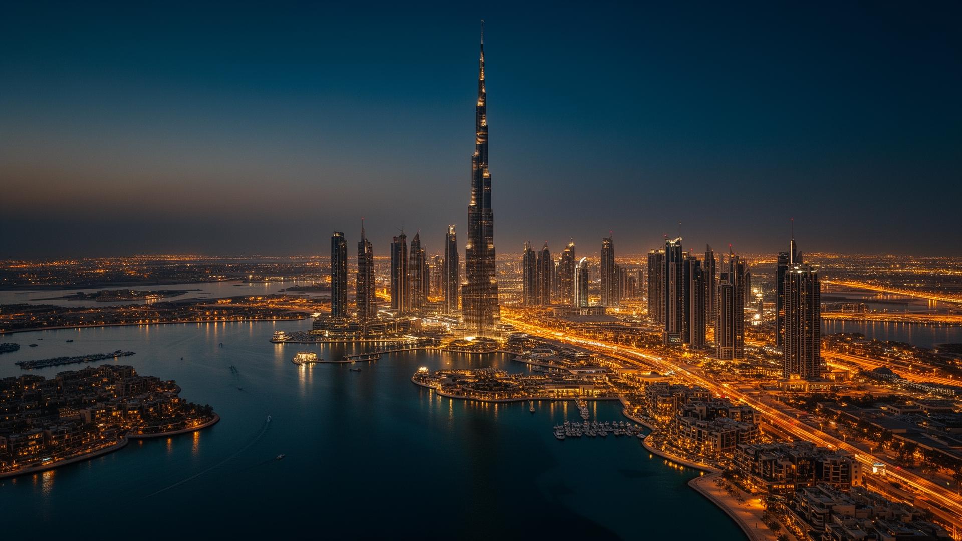 Dubai skyline at night with Burj Khalifa