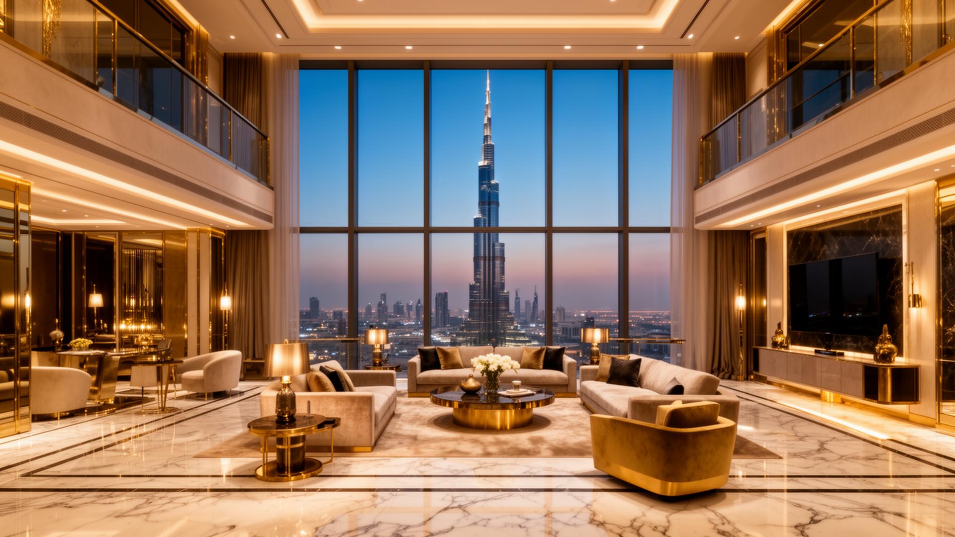 Luxury Dubai penthouse interior at dusk